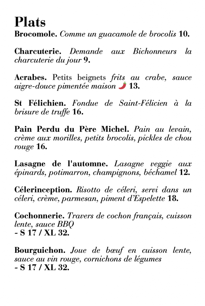 MENU BICHON RESTAURANT